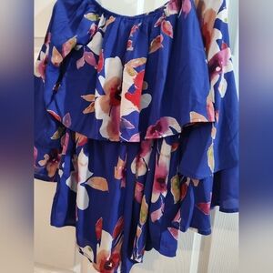 Pink Lily Royal Blue Floral Romper, On Or Off Shoulder Style, Size Medium